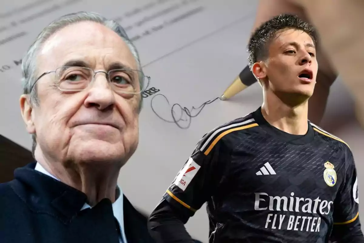 Un hombre mayor con gafas y un joven futbolista con la camiseta del Real Madrid, con un fondo de un documento siendo firmado.