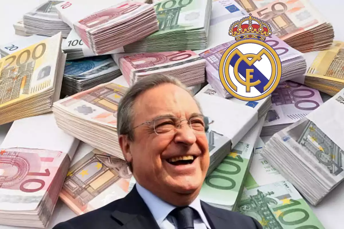 Un hombre sonriente frente a una gran cantidad de billetes de euro y el escudo del Real Madrid.