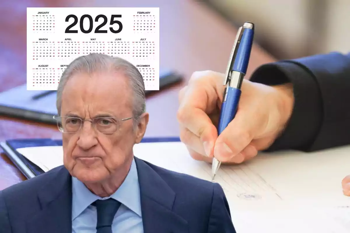 Un hombre con expresión seria aparece frente a un calendario del año 2025 mientras una mano sostiene un bolígrafo sobre un documento.