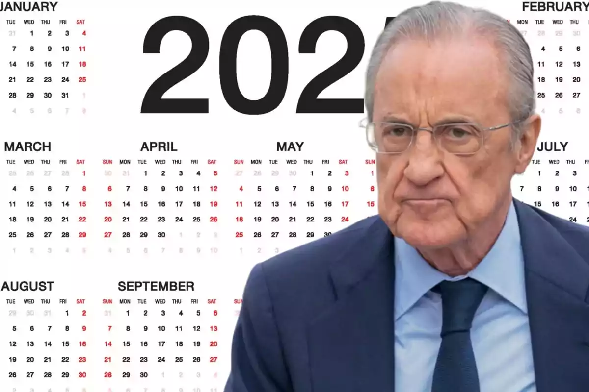 Un hombre con traje y corbata aparece frente a un calendario del año 2024.