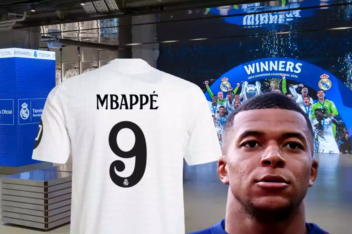 Una camiseta blanca con el nombre "MBAPPÉ" y el número 9 en la espalda, junto a la imagen de un jugador de fútbol, con un fondo que muestra una celebración de la UEFA Champions League 2024 y la tienda oficial del Bernabéu.