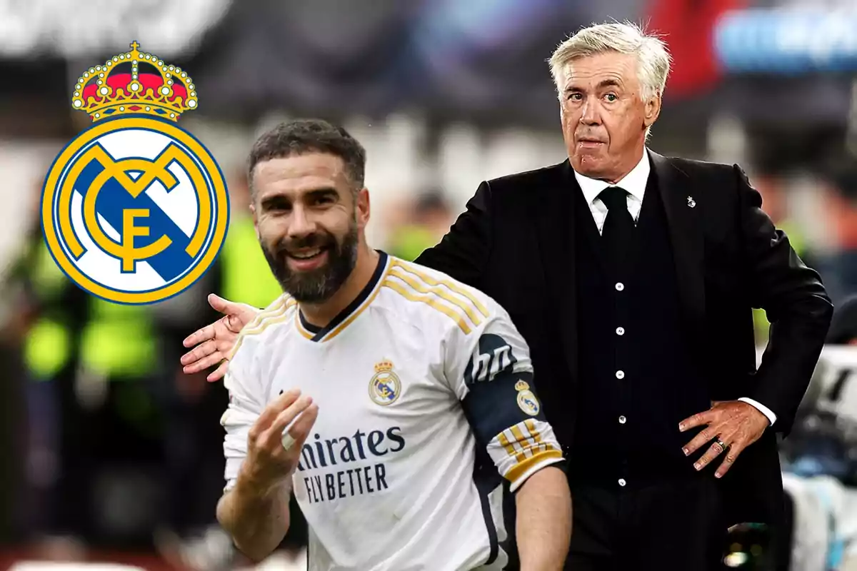 Un jugador y un entrenador del Real Madrid con el escudo del equipo en el fondo.