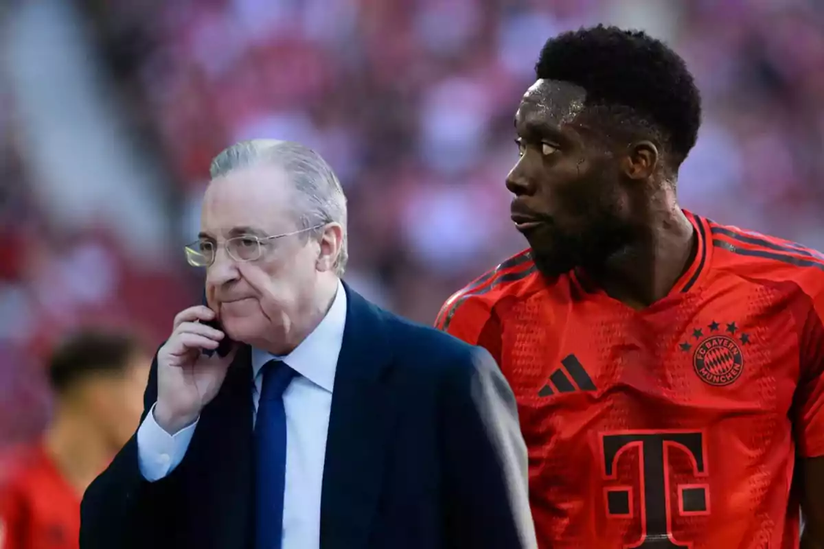 Un hombre de traje hablando por teléfono junto a un jugador de fútbol con el uniforme del Bayern Múnich.