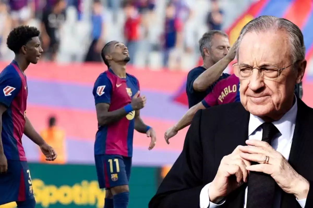 Jugadores de fútbol del FC Barcelona celebrando en el campo con un hombre mayor en traje al frente.