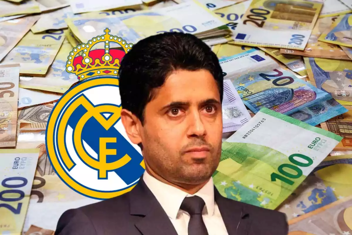 Un hombre con traje frente a un fondo de billetes de euro y el escudo del Real Madrid.