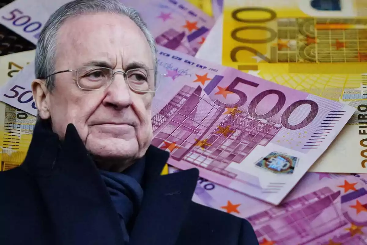 Un hombre con gafas y abrigo oscuro frente a billetes de euro de diferentes denominaciones.