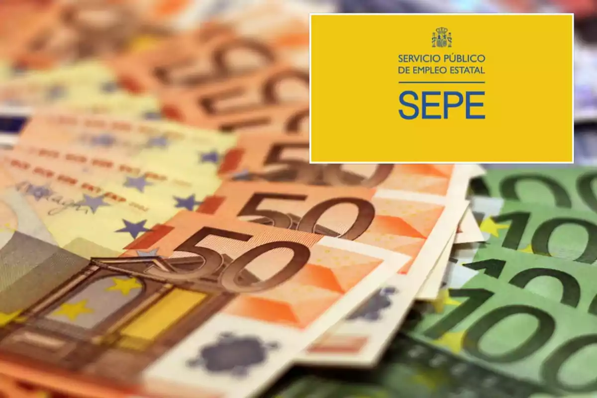 Billetes de euro con el logotipo del Servicio Público de Empleo Estatal (SEPE) en la esquina superior derecha.