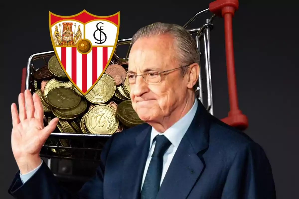 Un hombre con traje y gafas levanta la mano frente a un carrito de compras lleno de monedas y el escudo del Sevilla FC.