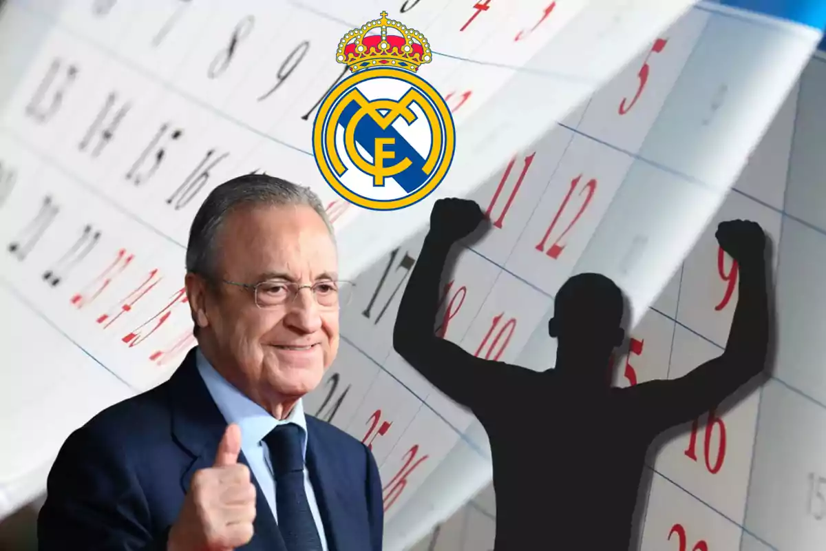 Un hombre con gafas y traje sonríe y levanta el pulgar frente a un calendario, con el logo del Real Madrid y la silueta de una persona celebrando en el fondo.