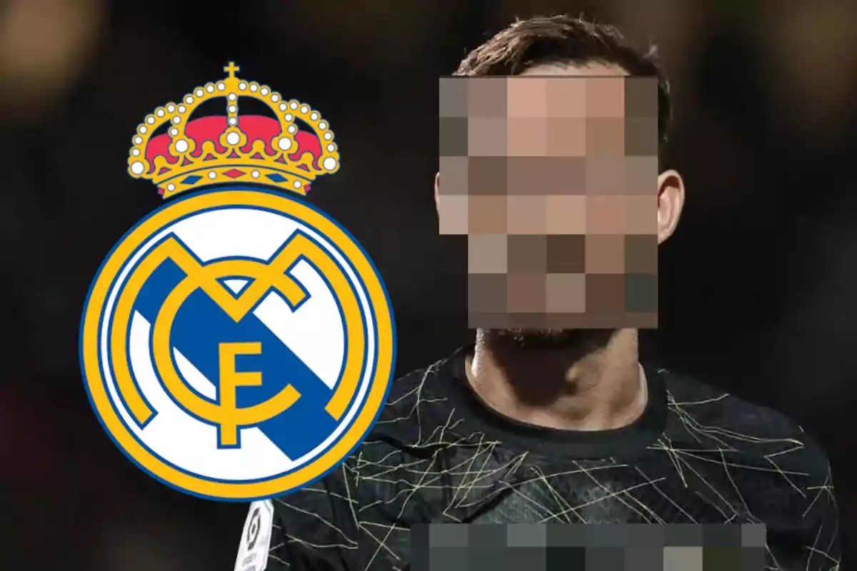 Jugador de fútbol con el rostro pixelado junto al escudo del Real Madrid.