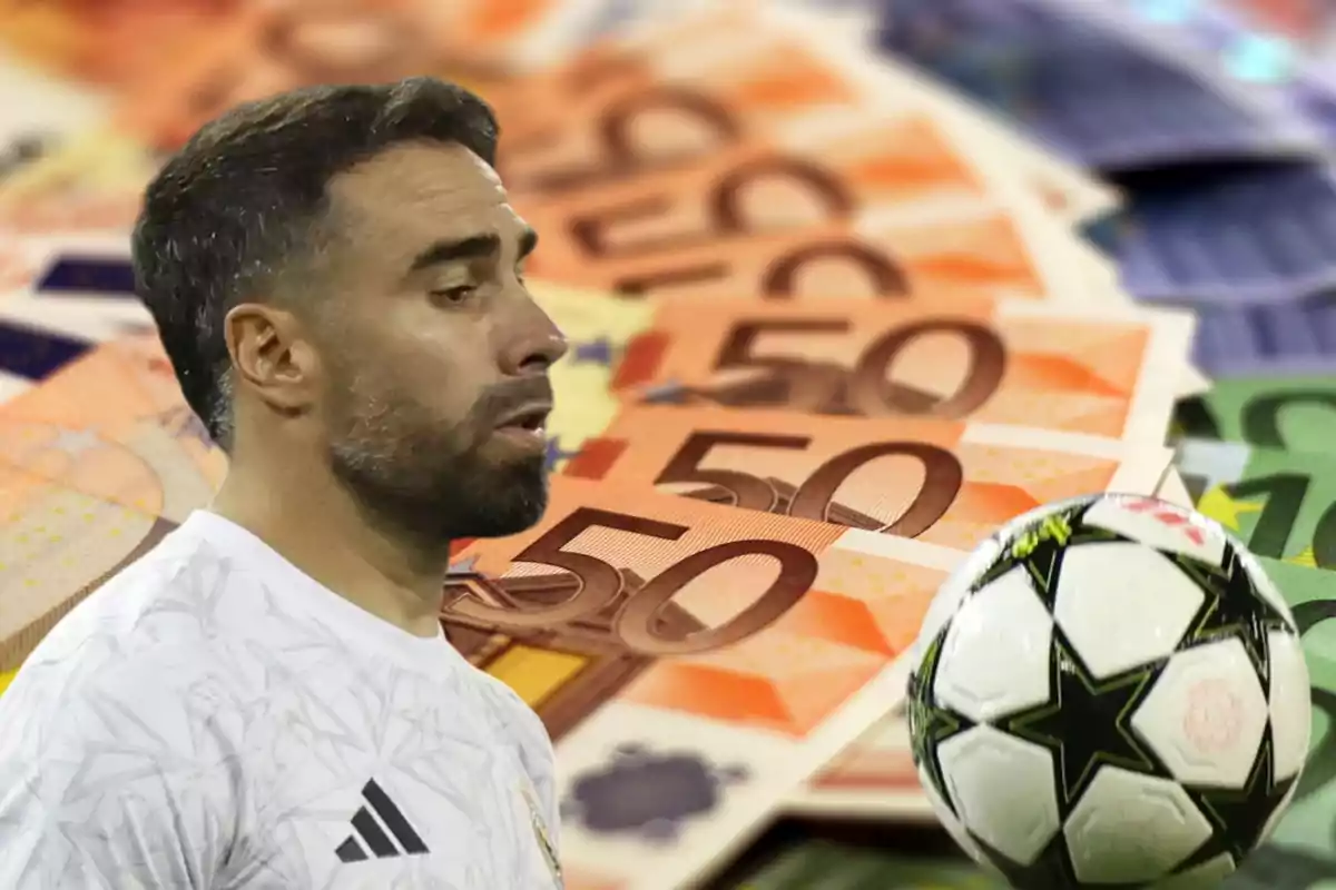 Un jugador de fútbol con una camiseta blanca aparece frente a un fondo de billetes de euro y un balón de fútbol.