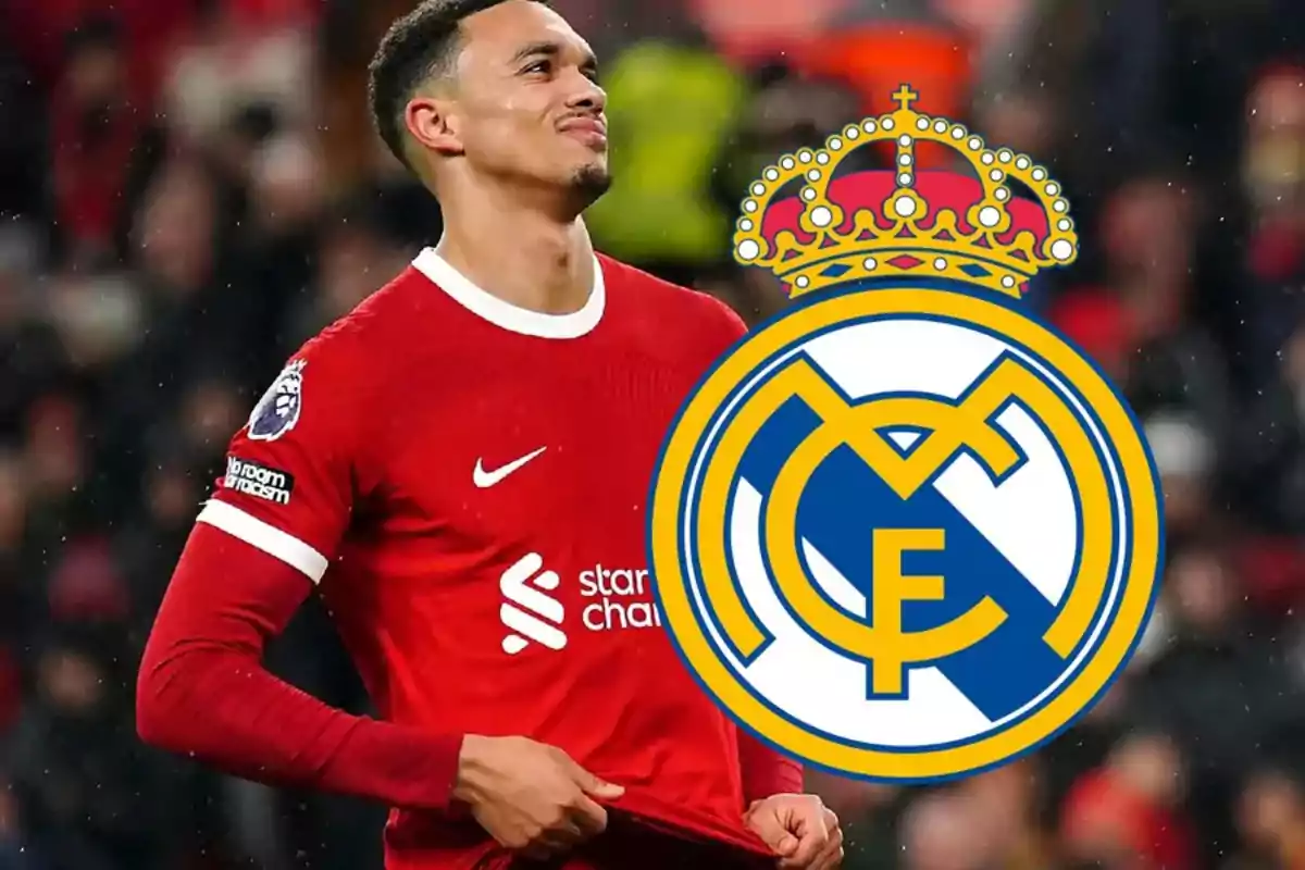 Alexander-Arnold y el escudo del Real Madrid superpuesto.