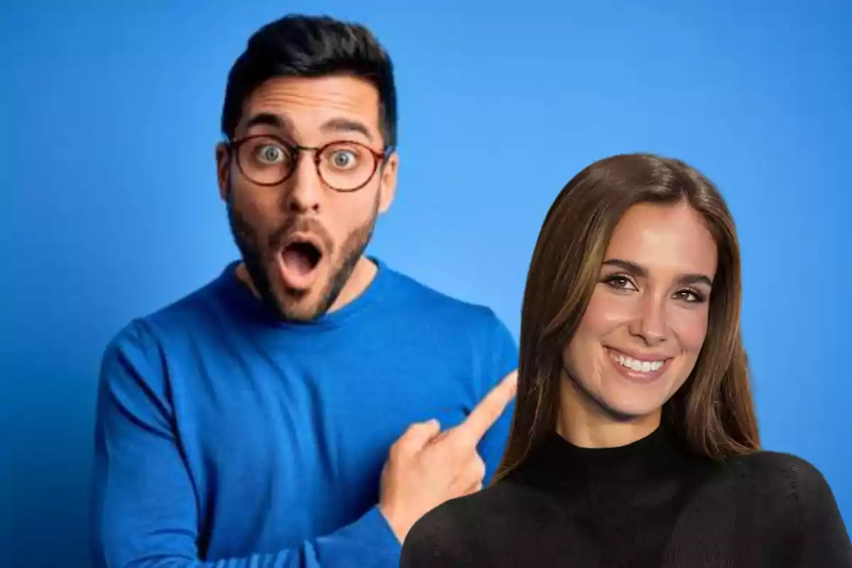 Hombre con expresión de sorpresa y mujer sonriendo frente a un fondo azul.