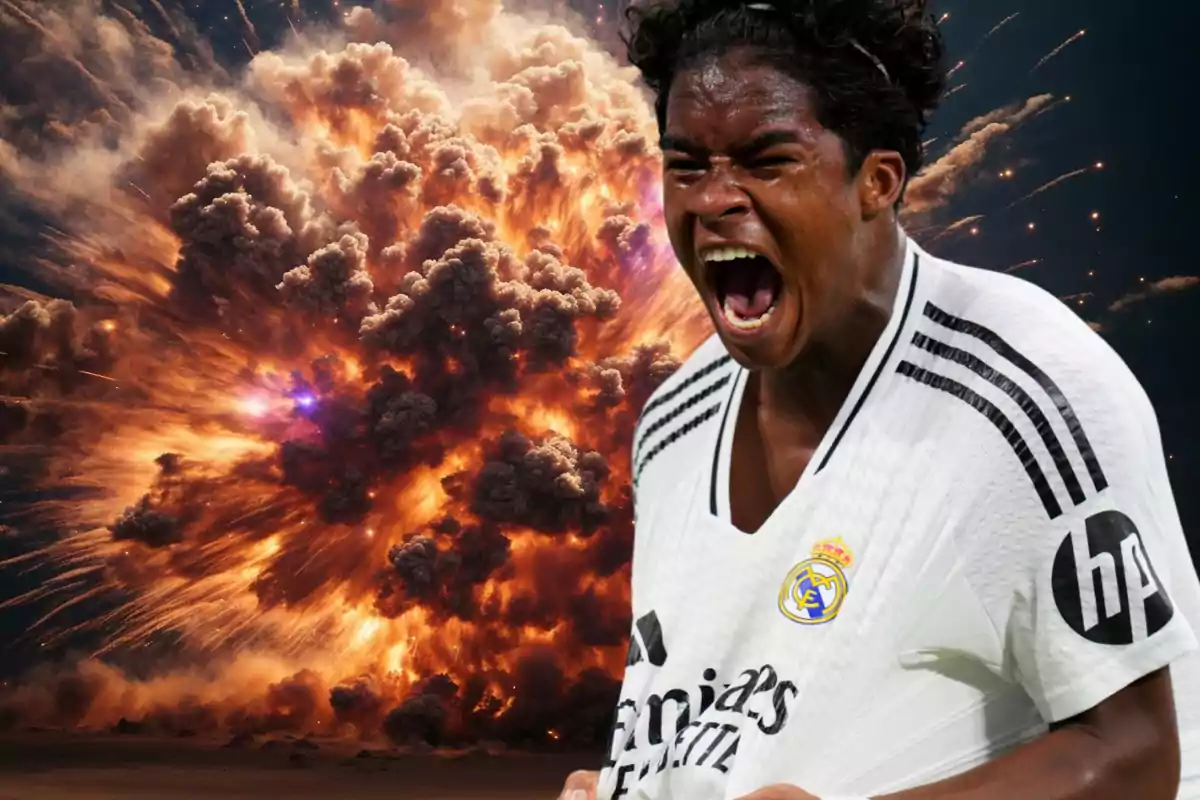 Un jugador de fútbol con la camiseta del Real Madrid gritando con emoción mientras una explosión ocurre en el fondo.