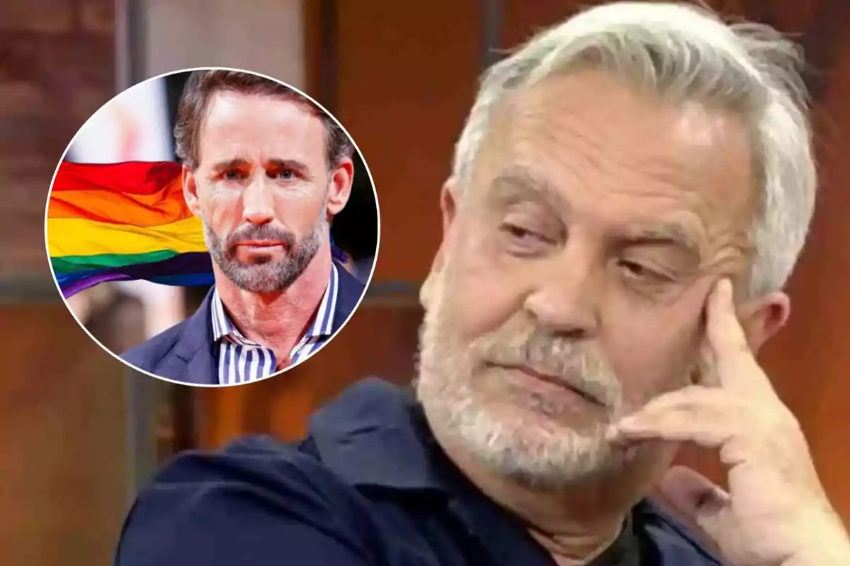 Un hombre mayor con barba gris aparece pensativo en primer plano, mientras que en un círculo superpuesto se muestra a otro hombre con barba y una bandera del orgullo LGBT+ ondeando detrás de él.