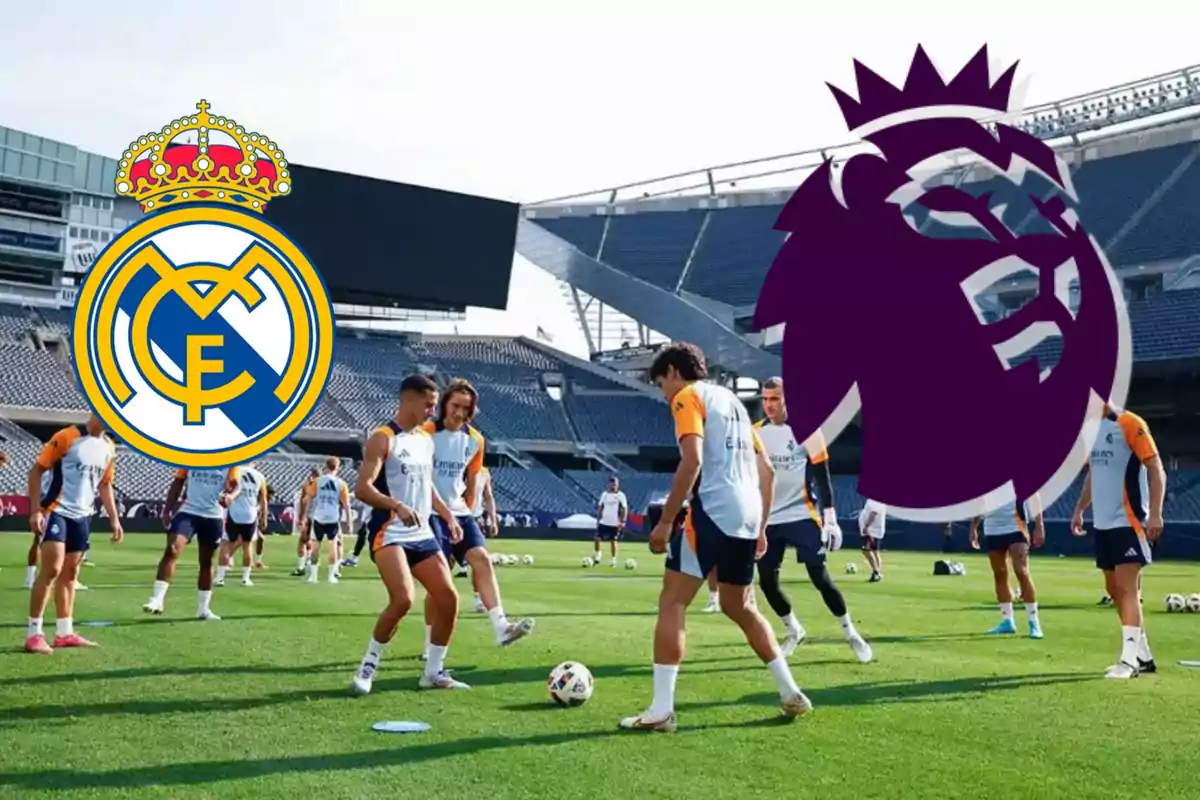 Jugadores de fútbol entrenando en un estadio con los logotipos del Real Madrid y la Premier League superpuestos.