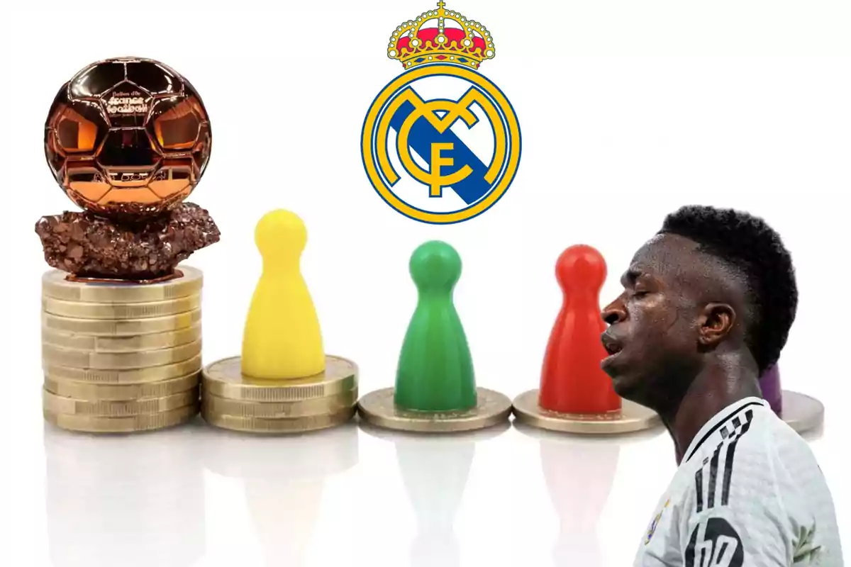 Un balón de oro sobre monedas junto a fichas de colores y un jugador de fútbol con el logo del Real Madrid al fondo.