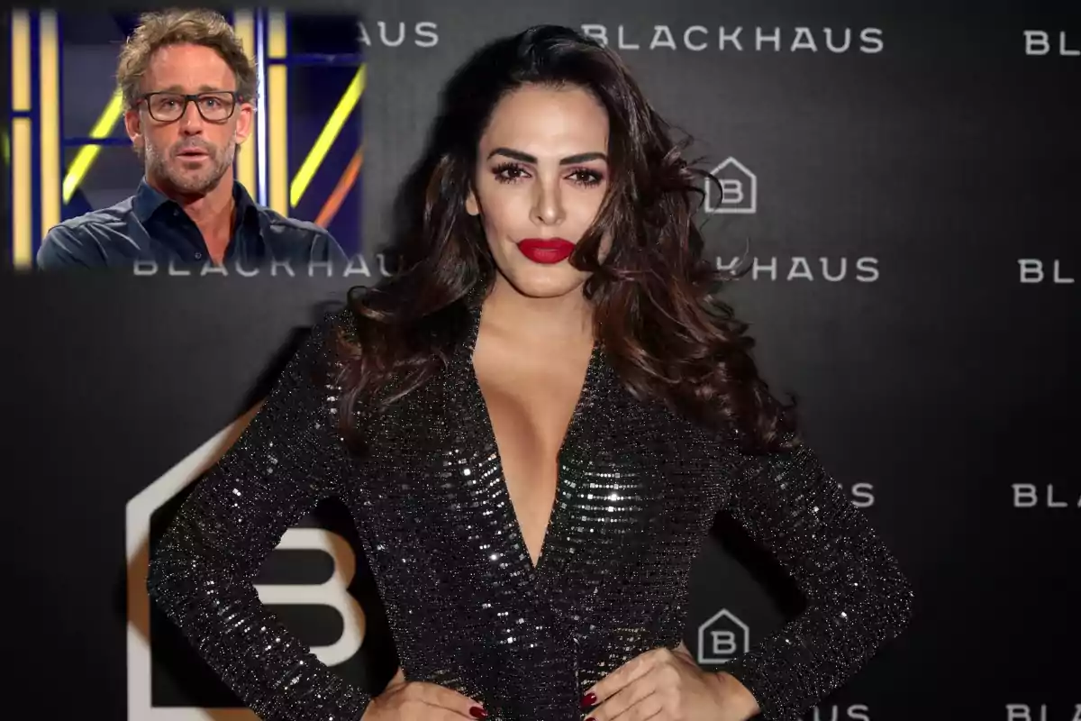 Una mujer con vestido negro brillante posa frente a un fondo con el logo de Blackhaus, mientras en la esquina superior izquierda se muestra la imagen de un hombre con gafas y camisa azul.