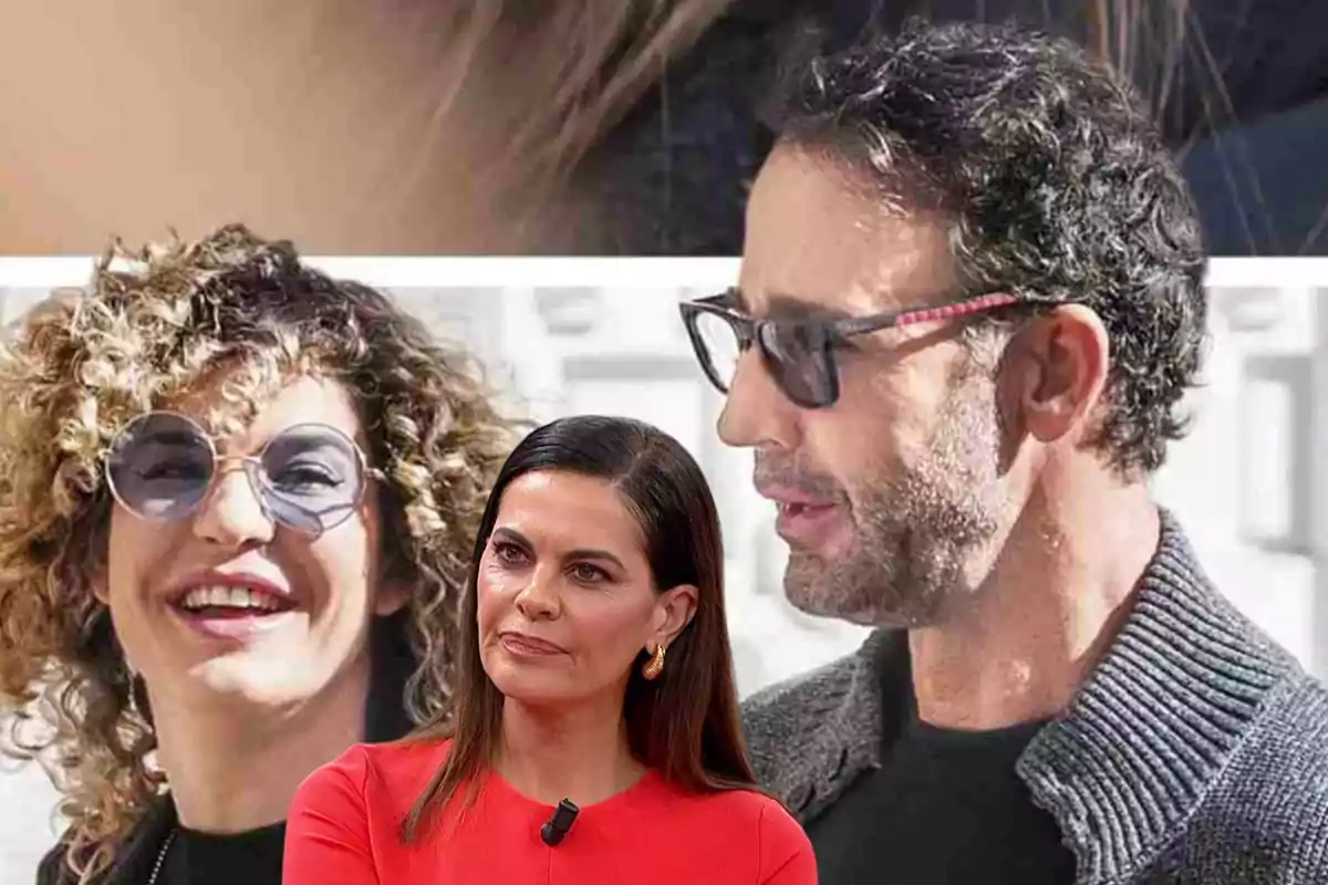 Tres personas en una imagen, una mujer con cabello rizado y gafas de sol, un hombre con barba y gafas, y una mujer con cabello lacio y un micrófono en la ropa.