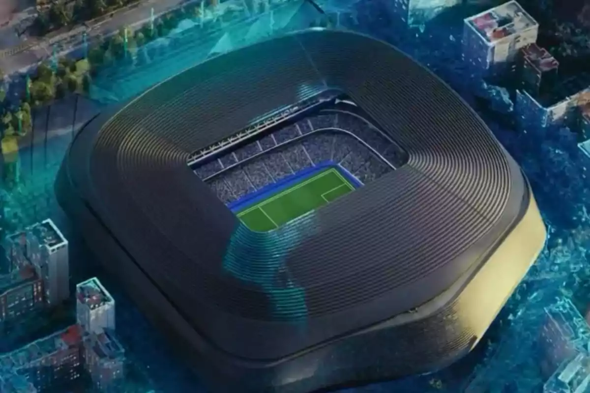 Imagen de un estadio de fútbol moderno y futurista visto desde arriba, rodeado de edificios y áreas urbanas.