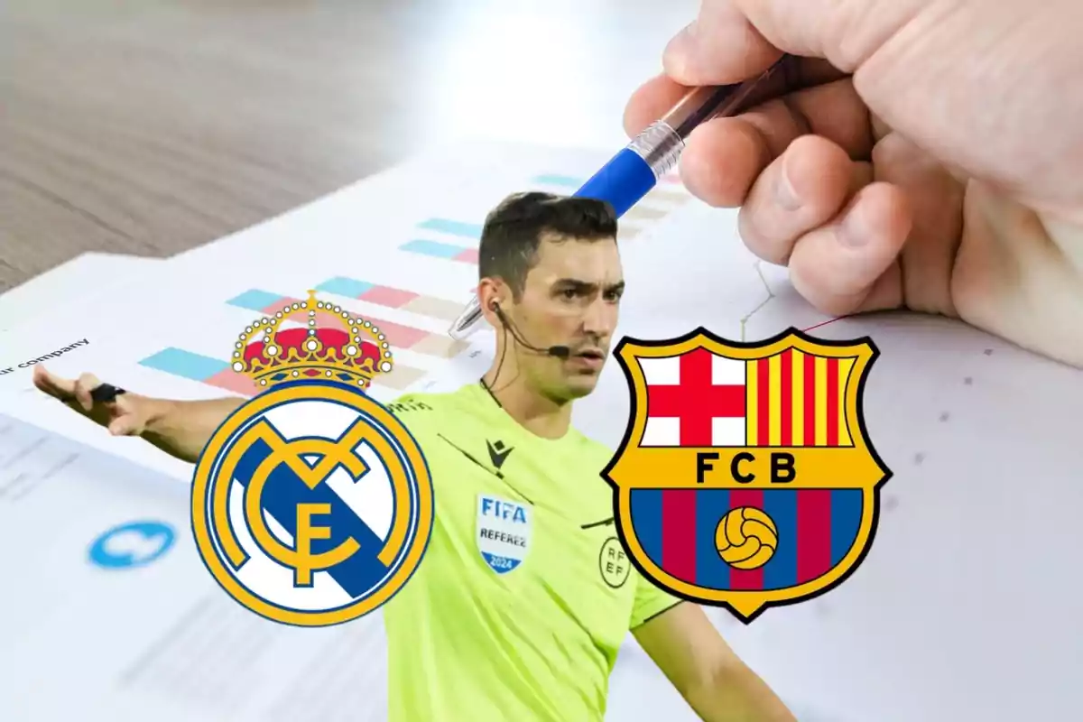 Un árbitro de fútbol con los escudos del Real Madrid y el FC Barcelona sobre un fondo de gráficos y una mano escribiendo.