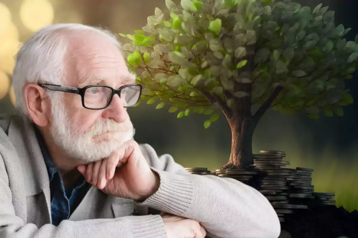 Hombre mayor con gafas pensativo junto a un árbol que crece sobre una pila de monedas.