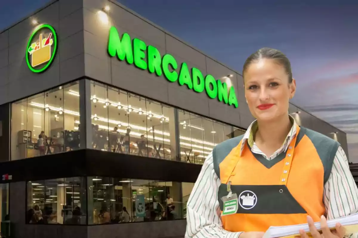 Trabajadora de Mercadona sonriendo frente a una tienda iluminada al anochecer.