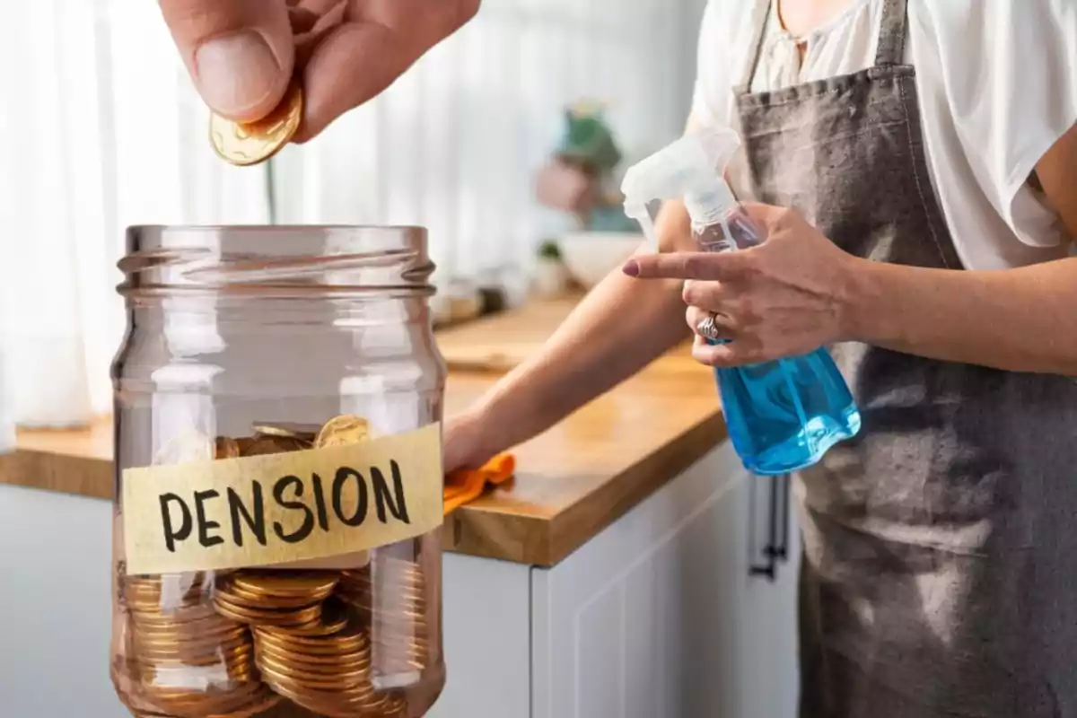 Una mano colocando una moneda en un frasco etiquetado como "pensión" mientras una persona limpia una encimera con un spray limpiador.