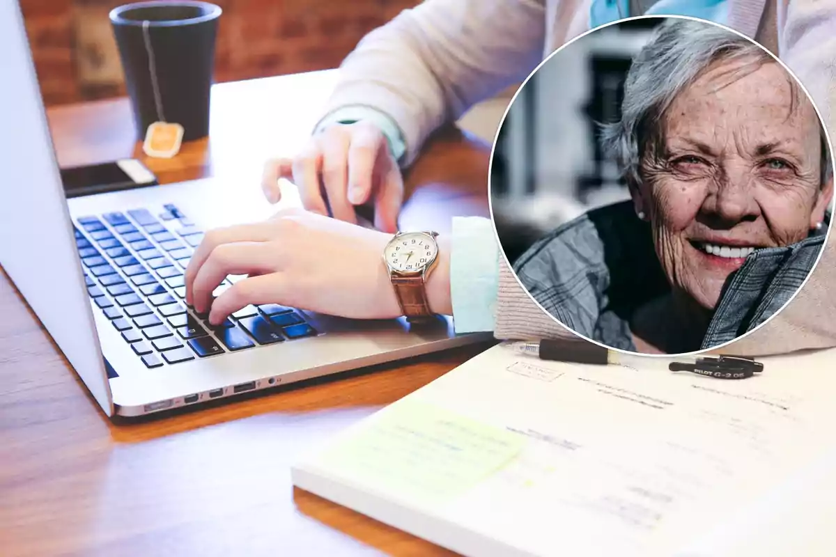 Una persona escribiendo en una computadora portátil con una taza de té y documentos en la mesa, y un recuadro que muestra a una mujer mayor sonriendo.