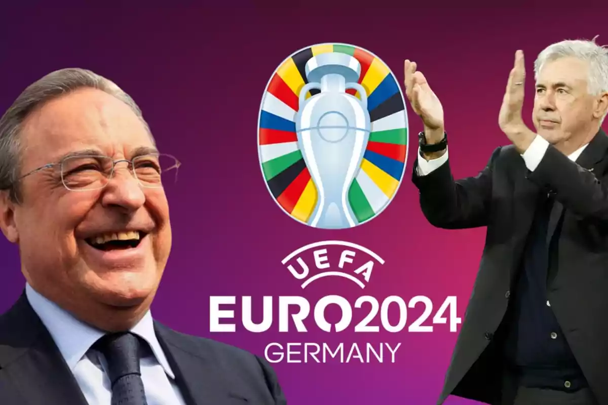 Dos hombres, uno sonriendo y otro aplaudiendo, con el logo de la UEFA Euro 2024 Alemania en el centro.