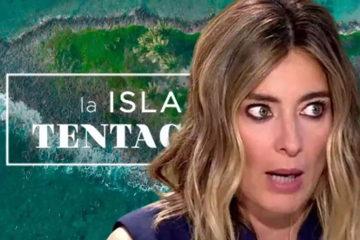 Mujer con expresión sorprendida frente a un fondo que dice "La Isla de las Tentaciones".