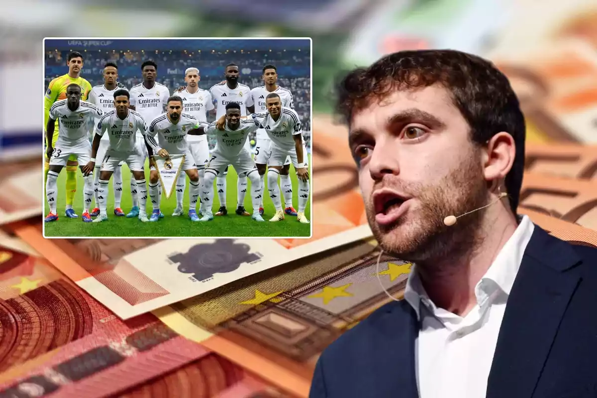 Un hombre hablando con un micrófono de diadema, con una imagen superpuesta de un equipo de fútbol posando para una foto grupal, todo sobre un fondo de billetes de euro.