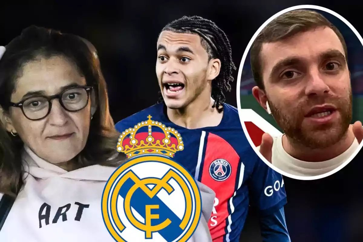 Fayza Lamari, Ethan Mbappé, Fabrizio Romano y escudo Real Madrid