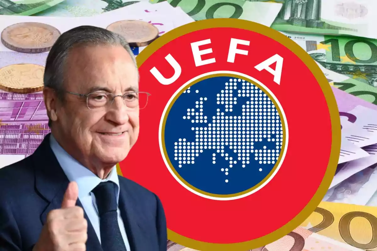Florentino Pérez con el símbolo de la UEFA y billetes detrás