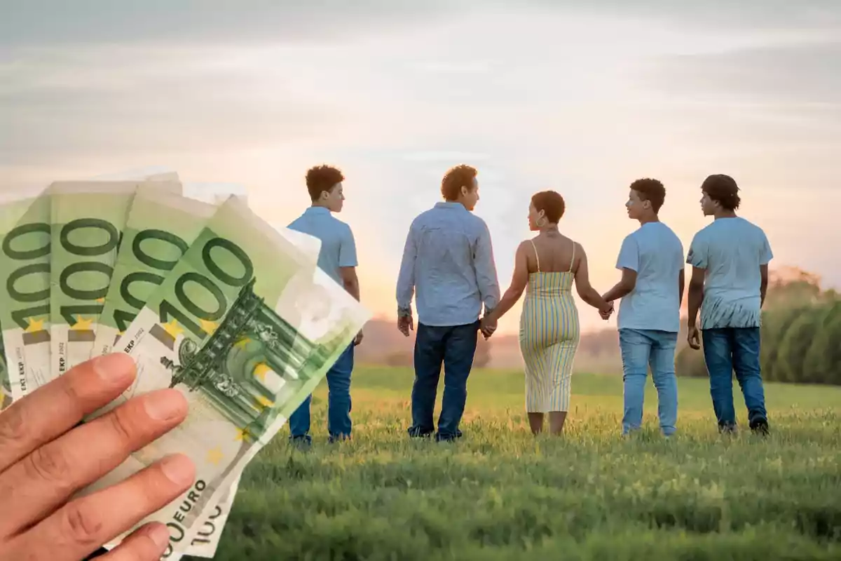 Una familia caminando en un campo al atardecer con una mano sosteniendo billetes de 100 euros en primer plano.