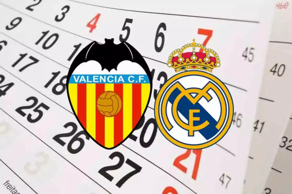 Logos de Valencia CF y Real Madrid sobre un calendario.