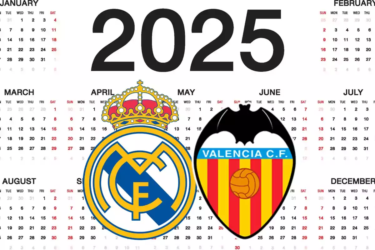 Calendario del año 2025 con los escudos del Real Madrid y Valencia C.F. en el centro.