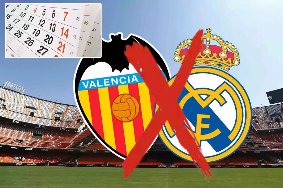 Un calendario y los escudos de los equipos de fútbol Valencia y Real Madrid con una gran X roja sobre ellos en un estadio vacío.