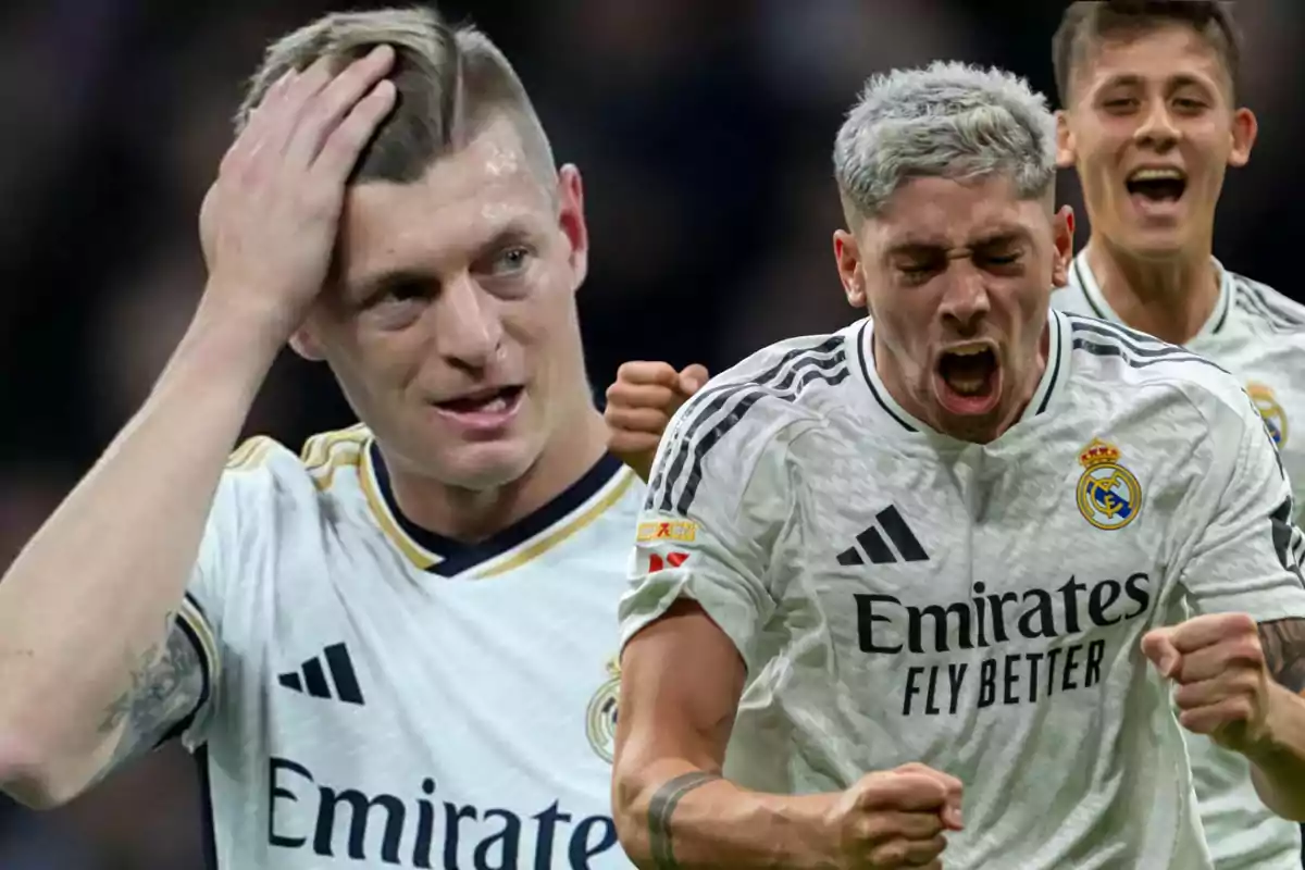 Jugadores del Real Madrid celebrando y mostrando diversas emociones durante un partido de fútbol.