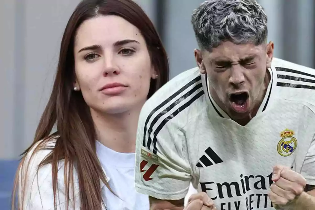 Una mujer con expresión neutral y un futbolista del Real Madrid celebrando con entusiasmo.