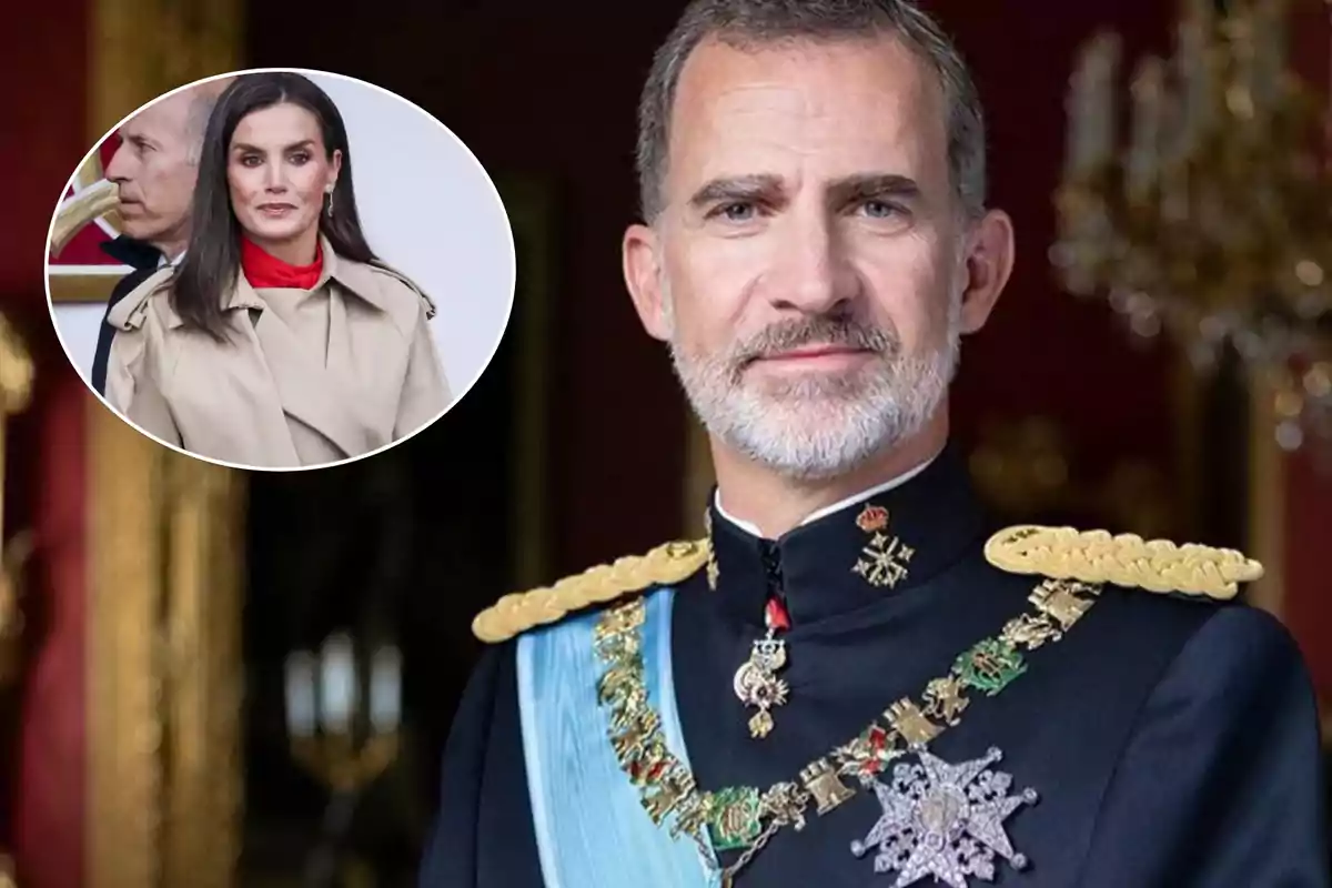 Un hombre con uniforme militar y medallas, con una imagen insertada de una mujer con abrigo beige y blusa roja.