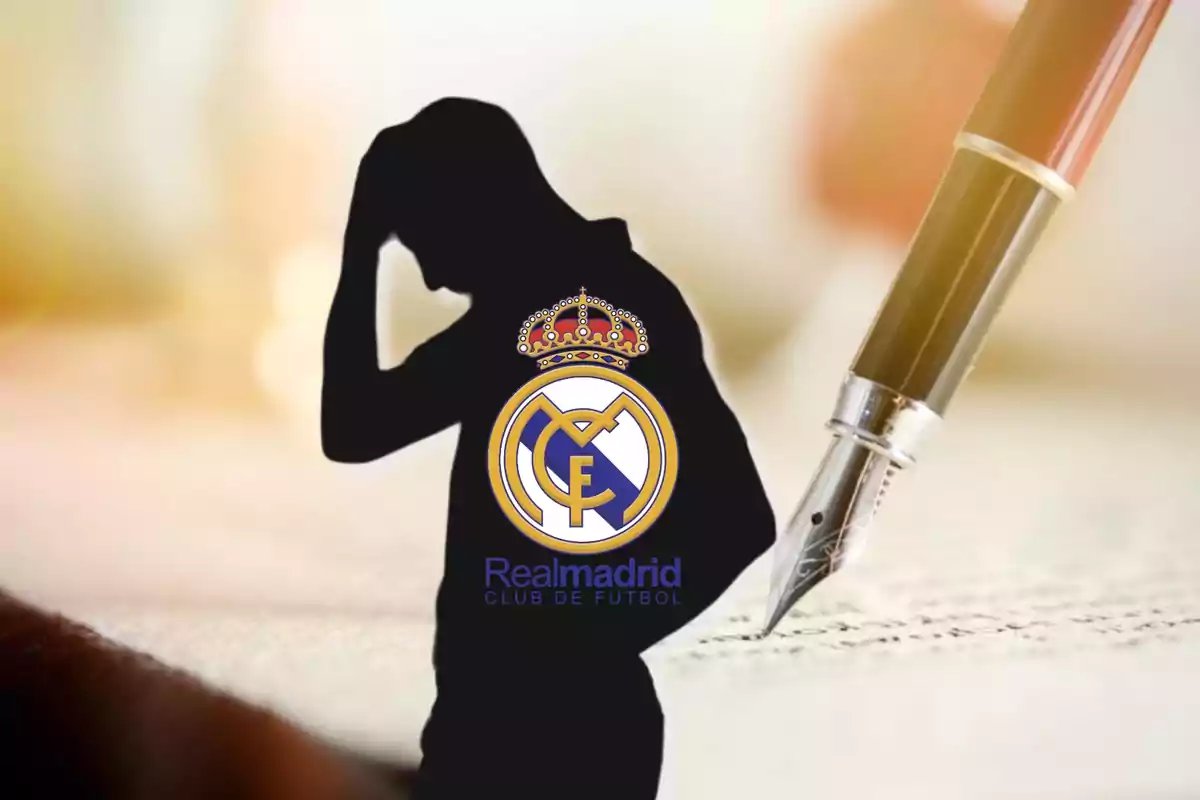 Una silueta de una persona con la mano en la cabeza y el logo del Real Madrid en el pecho, junto a una pluma estilográfica sobre un papel.