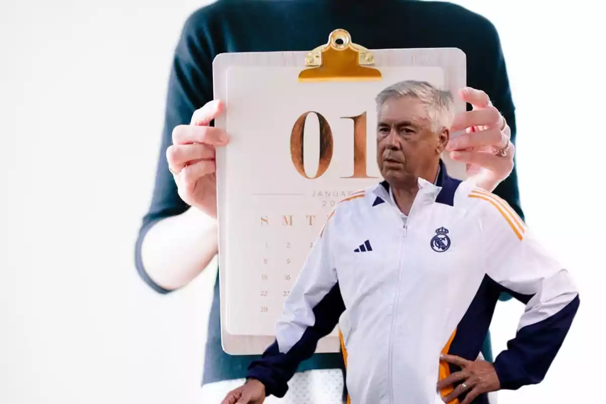 Una persona sosteniendo un calendario con la fecha 01 de enero y un hombre con una chaqueta deportiva del Real Madrid en primer plano.