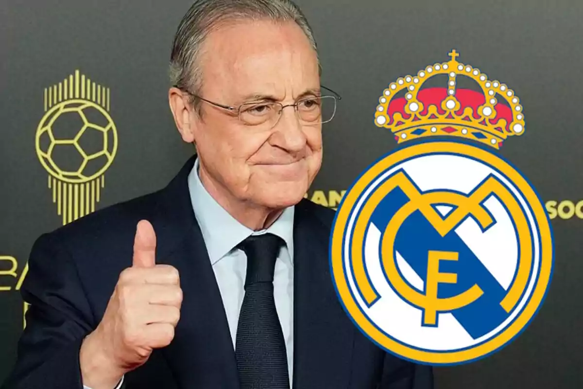 Florentino Pérez, junto al escudo del Real Madrid.