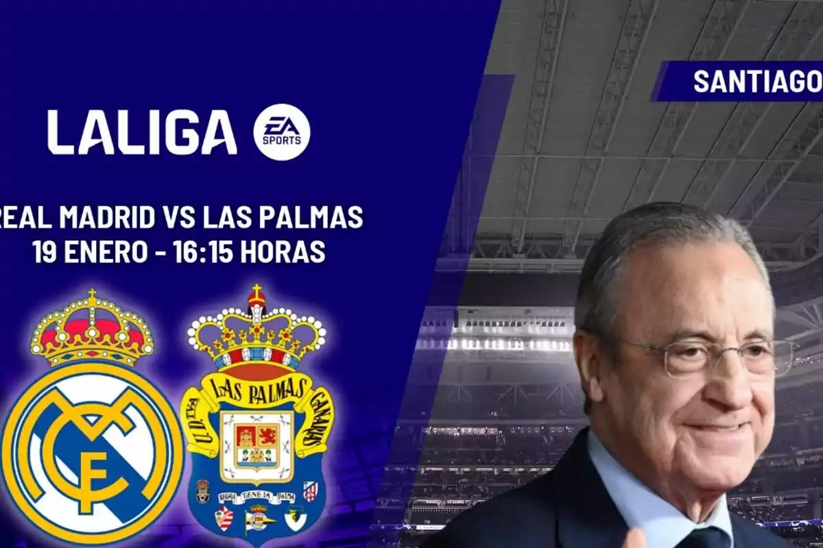 Imagen promocional de un partido de La Liga entre Real Madrid y Las Palmas el 19 de enero a las 16:15 horas con los escudos de ambos equipos y una persona sonriendo en el fondo del estadio.