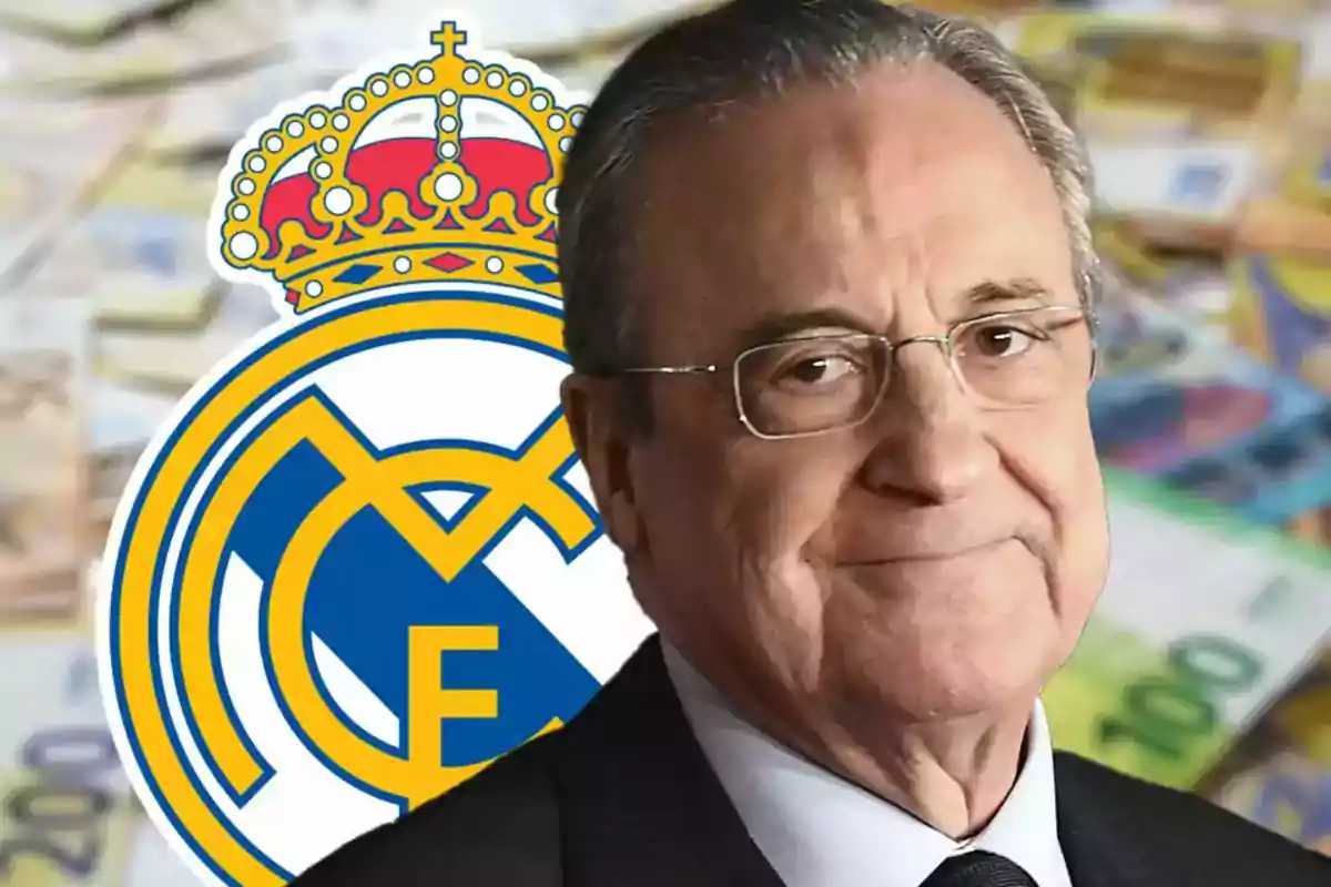 Florentino Pérez frente al escudo del Real Madrid y un fondo de billetes.