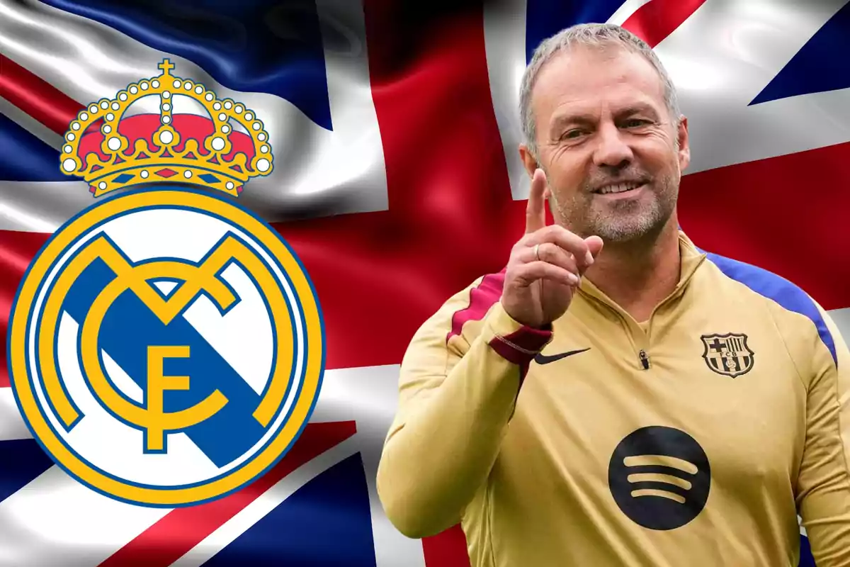 Un hombre sonriente con una chaqueta deportiva frente a una bandera del Reino Unido y el escudo del Real Madrid.