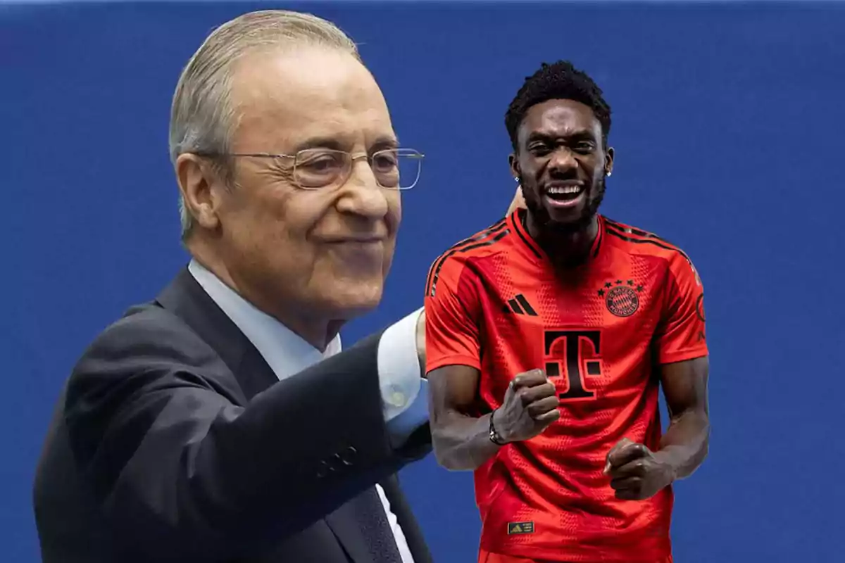 Un hombre mayor con gafas y traje sonríe mientras otro hombre joven con camiseta de fútbol roja celebra con entusiasmo.