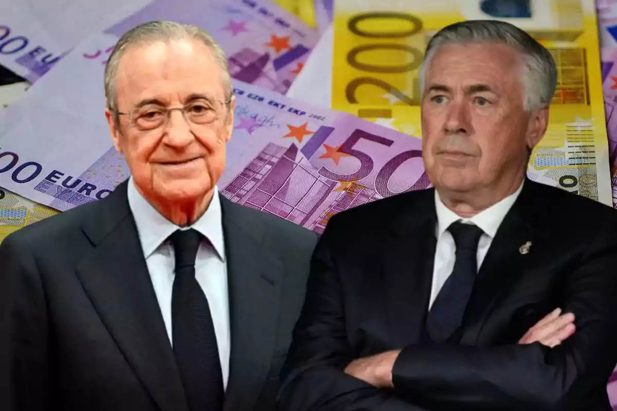 Dos hombres con trajes oscuros posan frente a billetes de euro.