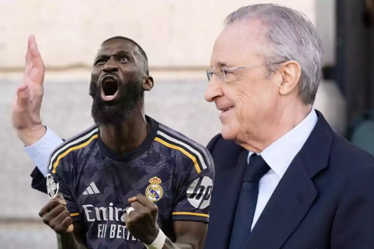 Un jugador de fútbol con uniforme del Real Madrid celebra con entusiasmo mientras una persona mayor sonríe a su lado.